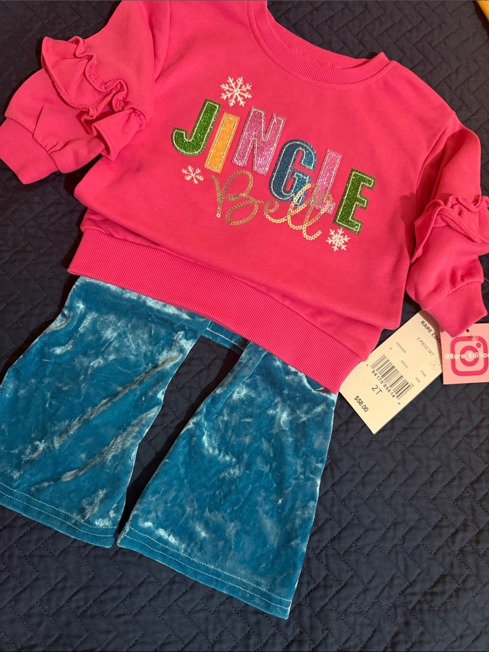 Rare Editions Girls Pink 'Jingle Bell' Christmas Outfit 2T NWT Velvet Flare Pant